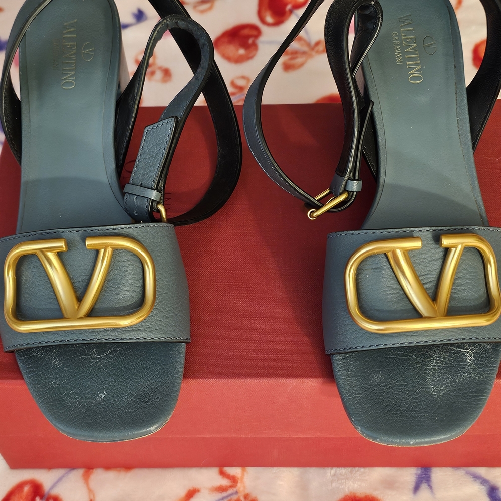 Valentino Garavani Dark Teal Leather Slingback Sandals with Gold V Logo
